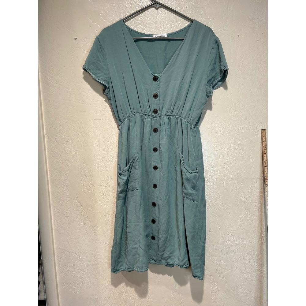 Angashion Womens Teal Blue 100% Cotton Button Front Midi Dress Size Large L